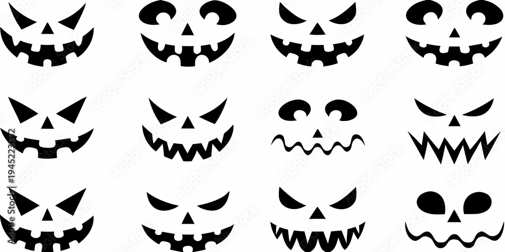 Obraz premium Collection of various black jack o lantern faces on a white background