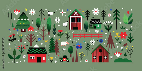 Stylized illustration of a countryside landscape with houses and sheep