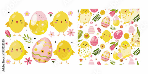 Cute cartoon chicks easter eggs and floral patterns on white background