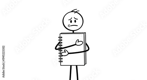Sad Stick Figure Holding a Notebook, Feeling Worried and Anxious