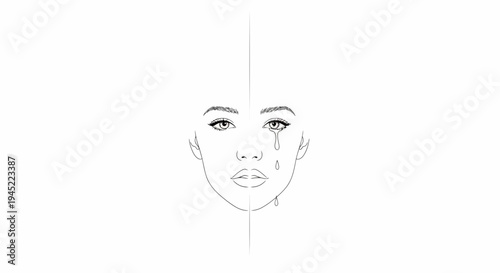 Sad Woman Crying Tears of Sadness and Pain, Split Face Emotion Concept