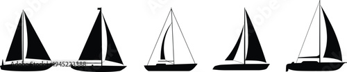 Stylized sailboat silhouette collection, nautical vessel designs, sailing ship variations, maritime illustration, ocean travel icons, recreational boating graphic art