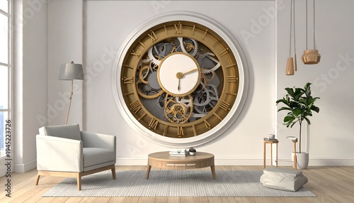 Interior scene featuring a giant clock, armchair, table, and plant, modern aesthetic
