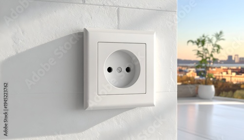 Close-up of a white electrical outlet set into a textured wall, blurred cityscape