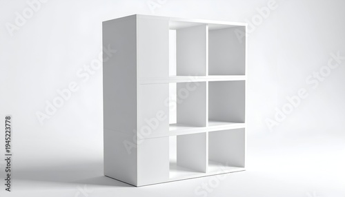 A modern, minimalist white cube shelf unit with open compartments, on a clean background