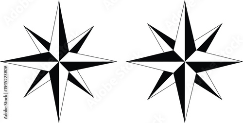 Compass rose vector illustration, detailed directional compass star icon for navigation maps travel and maritime guidance in clean black and white vector style.