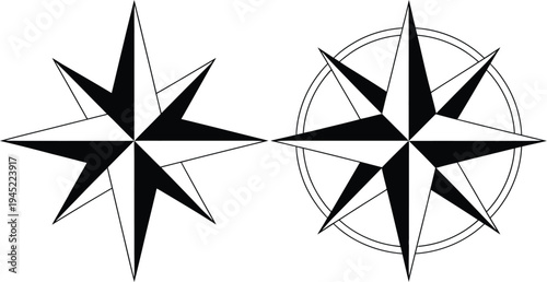 Compass rose vector illustration, classic compass star with direction marks symbolizing navigation orientation and travel guidance in black and white design.