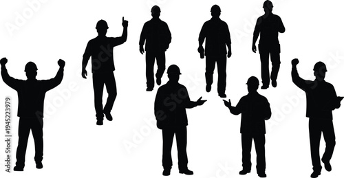 Silhouette construction workers in helmets, industrial poses, engineering teamwork illustration, occupational safety concept, jobsite activity, building industry workforce depiction