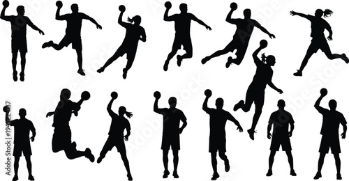 Silhouette athletes playing handball, dynamic poses illustration, male and female players, throwing ball, jumping motion, energetic sports activity depiction