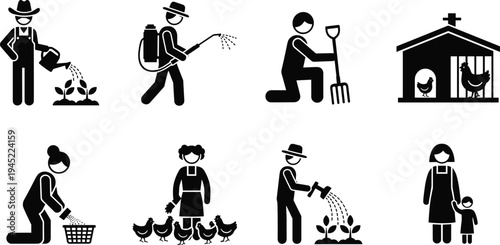 Silhouette farming icons, watering plants, spraying pesticide, planting seeds, feeding chickens, poultry farming illustration, agricultural work, family farm depiction