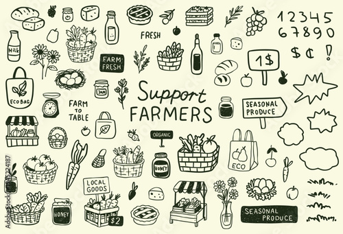 Hand drawn farmers market doodle set with organic vegetables, fruits, baskets, honey jars, eco bags and farm stall elements. Black line icons about fresh local food, seasonal produce and organic farmi