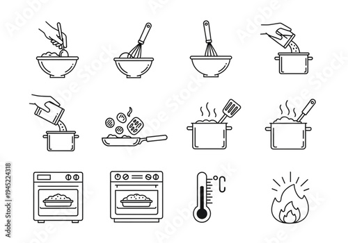 Cooking and Food Preparation Process Minimalist Line Icon Collection