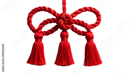Close-up of ornate, vibrant red rope bow with three tassels, isolated on black
