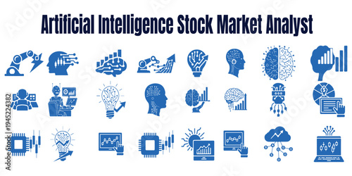 Artificial intelligence icons representing stock market analysis and financial technology concepts