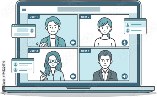 オンライン会議でミーティングを行うビジネスチームのイラスト