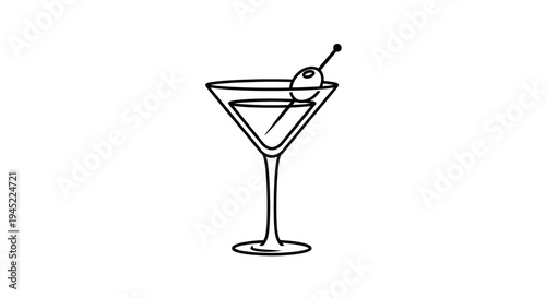 Minimalist Martini Glass with Olive on White Background, Line Art Cocktail Icon
