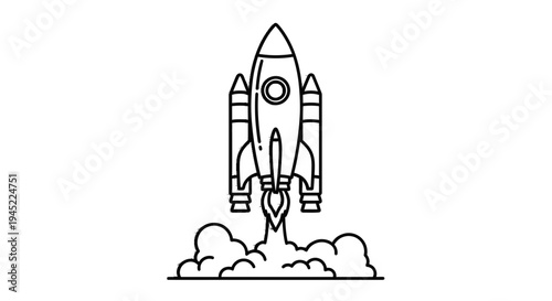 Minimalist Rocket Launching into Space with Smoke Clouds, Vector Illustration