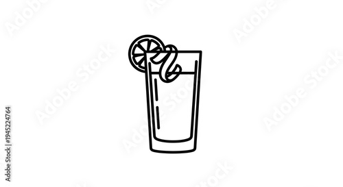 Minimalist outline of a tall glass with a refreshing drink and lemon slice garnish
