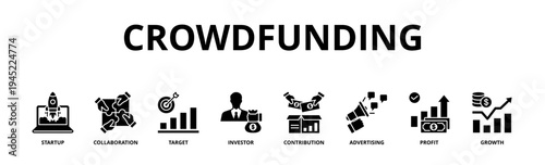 Crowdfunding web icon vector illustration concept with icon of startup, collaboration, target, investor, contribution, advertising, profit, growth 