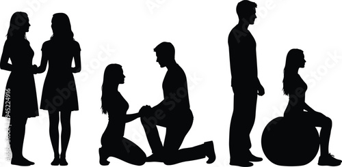 Silhouette people interacting in pairs, holding hands, kneeling proposal, supportive gesture illustration, fitness therapy concept, human connection, body language depiction