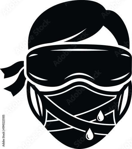 Vector illustration of a masked person wearing a bandana and goggles with sweat drops on their face