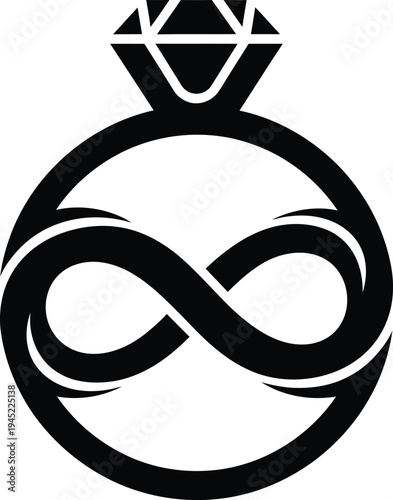 Black vector infinity symbol encircled by a ring with a diamond on a white background