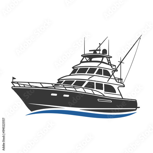 Detailed luxury fishing yacht sailing on calm ocean waters in a flat vector illustration.