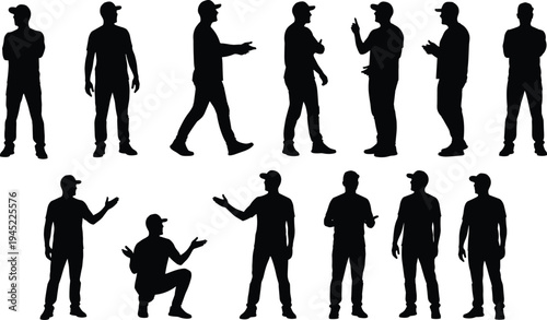 Silhouette people wearing baseball caps, expressive poses illustration, casual stances, gesture recognition concept, walking, pointing, squatting, body language depiction