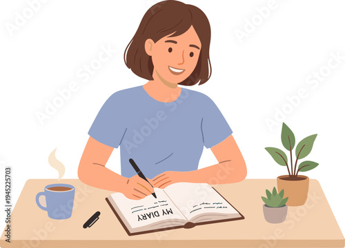 Woman sitting at desk writing in journal with coffee and plants