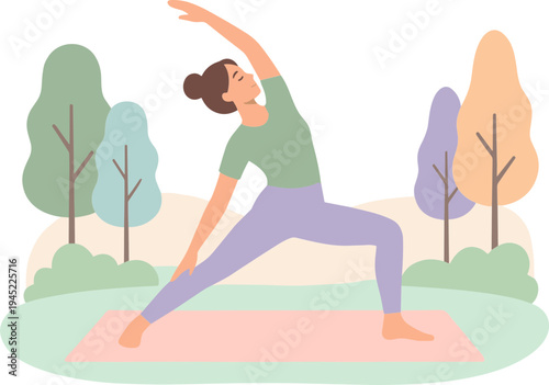 Woman practices yoga outdoors in a serene park environment with trees.