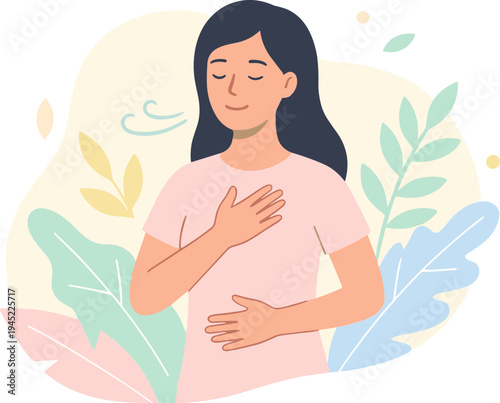 Woman practices deep breathing exercise in serene environment with plants