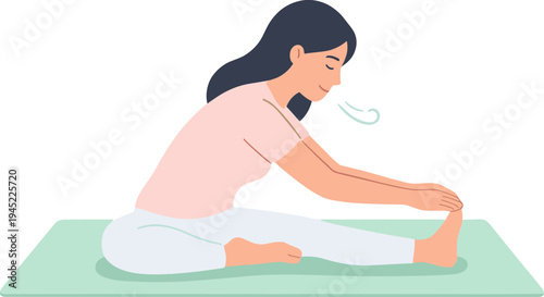 Woman stretching on yoga mat in peaceful indoor setting with calm atmosphere