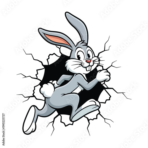 Cute cartoon rabbit jumping through a hole in a cracked white wall in a vector illustration.