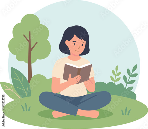 Woman sits cross-legged outdoors reading book under tree in garden