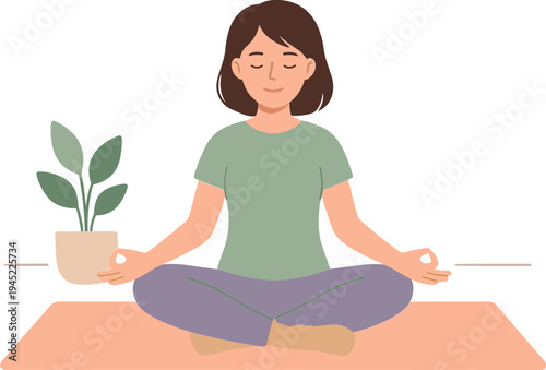A woman sits cross-legged on a mat in a serene environment with a plant.