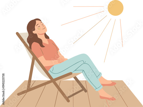 Woman sitting on a deck chair enjoying sunshine on a wooden deck