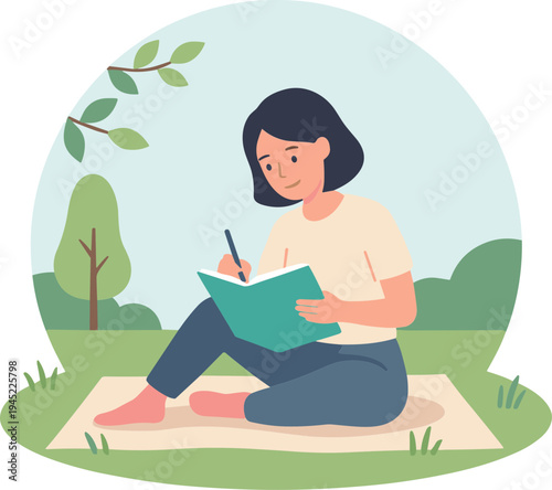 Woman writing in notebook while sitting on blanket in green park outdoors