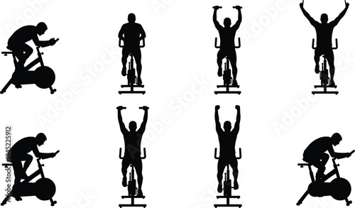 Silhouette set of a man on a stationary exercise bike indoor cycling workout training fitness motivation health wellness and victory.