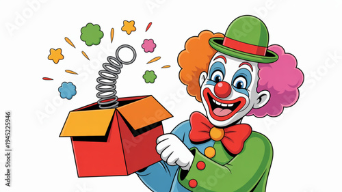 Smiling clown holding a spring loaded jack in the box with colorful confetti and stars carnival fun