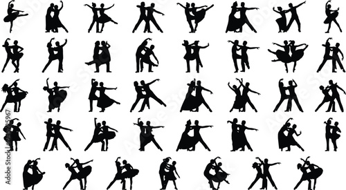 Silhouette set of ballroom and ballet dancers performing elegant dance poses cad drawing flat vector illustration for arts and performance.