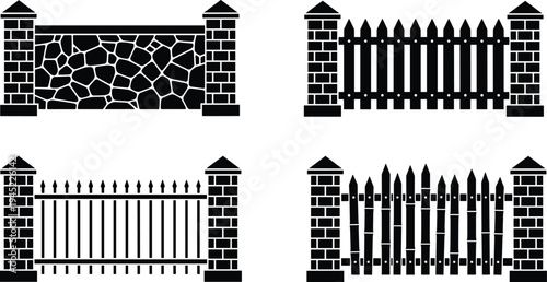 "Collection of four different fence designs with brick pillars, including stone wall, wooden planks, wrought iron bars, and rustic uneven wood for landscaping architecture"