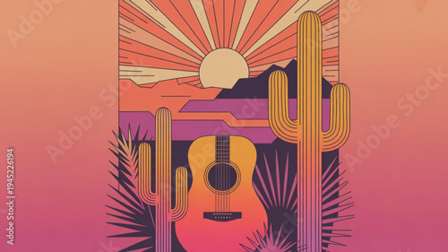 Vibrant desert landscape with guitar cacti and sunset evoking a sense of serenity and musical inspiration in a warm colorful environment