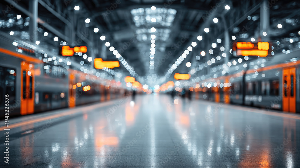 Fototapeta premium Blurred background of a modern railway station, trains, boards, platforms, rails, movement, rail transport, carriages, out-of-focus photo, bokeh