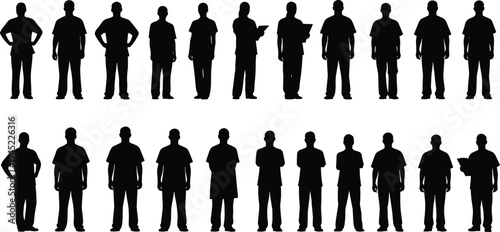 Silhouettes of diverse people standing in various postures, human figures with gestures, clothing variations, identity anonymization, diversity representation illustration
