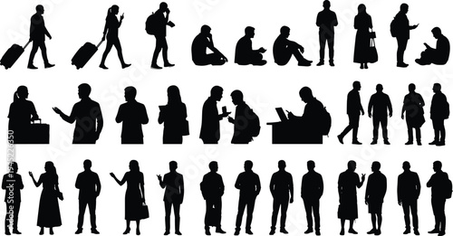 Silhouettes of people in everyday activities, walking with luggage, using phones, sitting, standing, conversing, working on laptops, social interaction