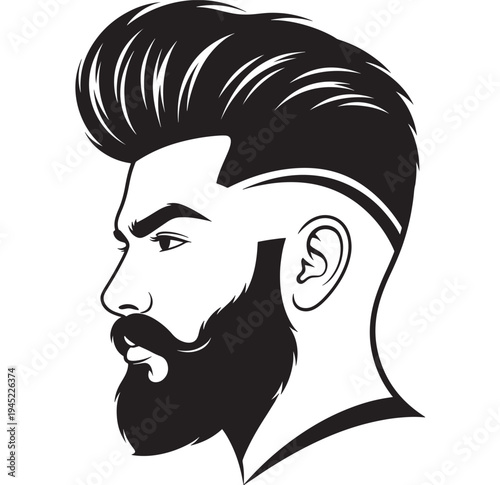 Man's profile head with a stylish pompadour haircut and a full beard, black and white graphic illustration