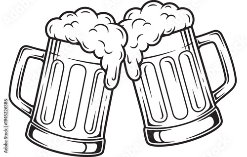 Beer mugs clinking together with overflowing foam in a playful, stylized line art illustration featuring toast, cheers, froth with beverage and drink