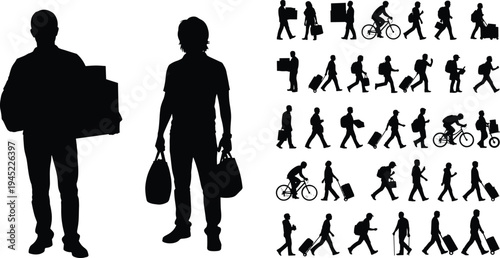 Silhouettes of people traveling and commuting, carrying luggage, boxes, bags, riding bicycles, scooters, walking, diverse transportation activities illustration