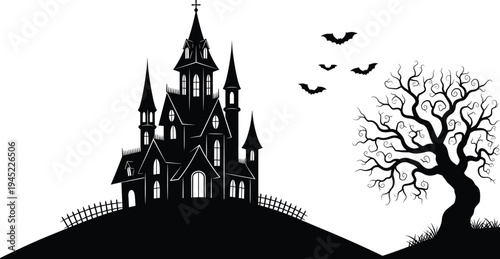 Spooky haunted castle silhouette on a hill with bats flying and a creepy dead tree for halloween holiday background isolated