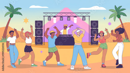 Diverse group of friends dancing at a vibrant beach party with a dj palm trees and a pink stage under a sunny sky with clouds